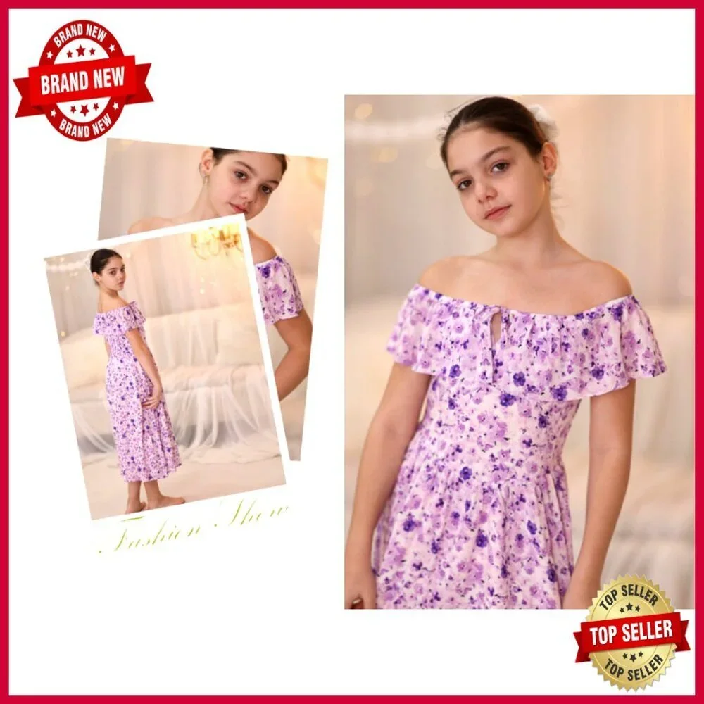 Girls Floral Midi Dress Off Shoulder Ruffle Summer Elegant Dual Wear